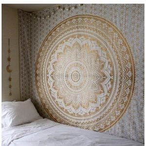 Gold and white mandala tapestry
